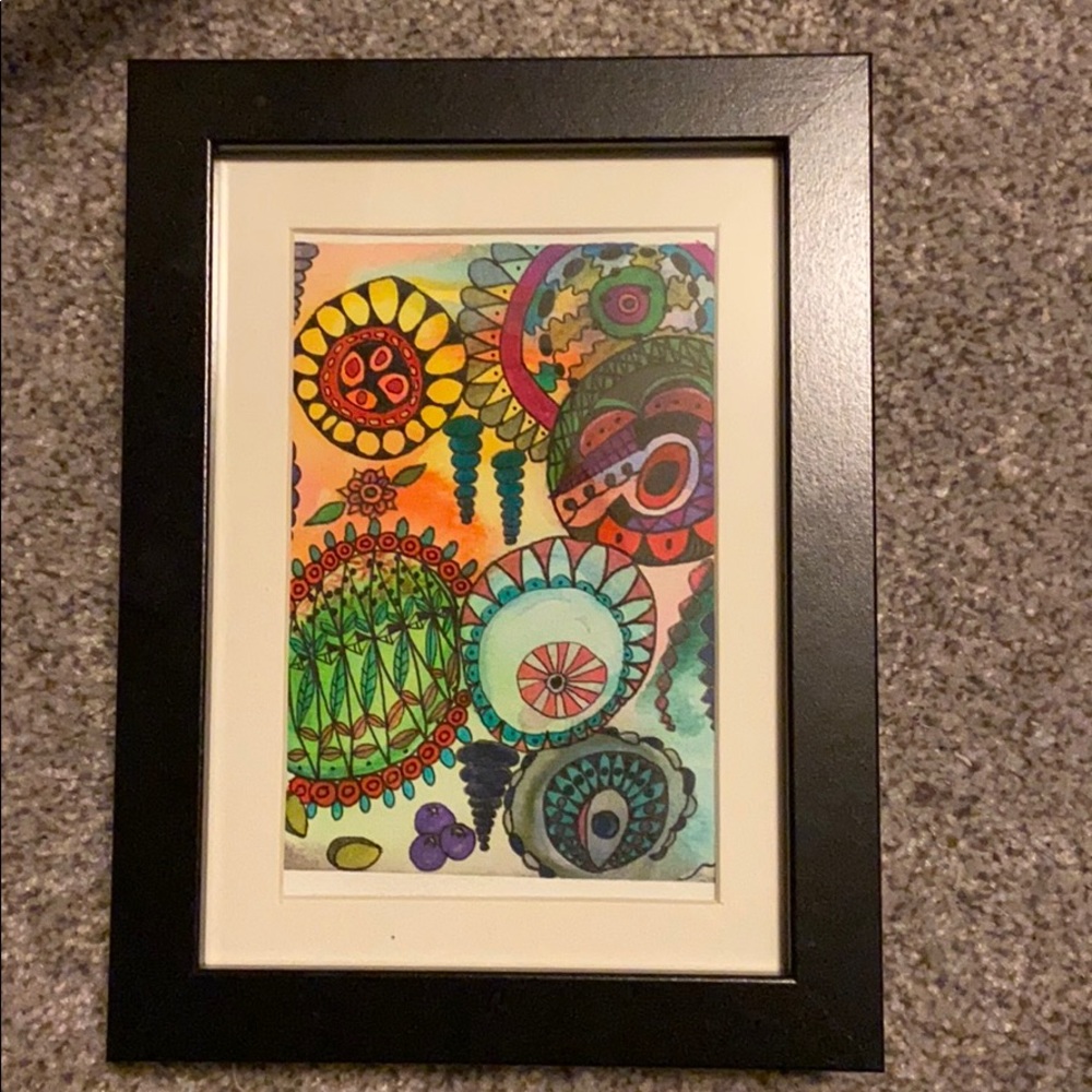 Original vibrant framed watercolor and ink piece